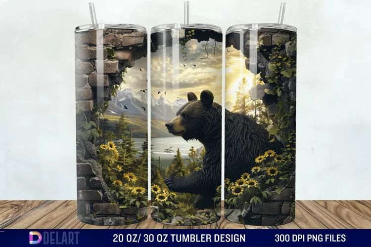 3D Hole In A Wall Bear Landscape Tumbler Wrap