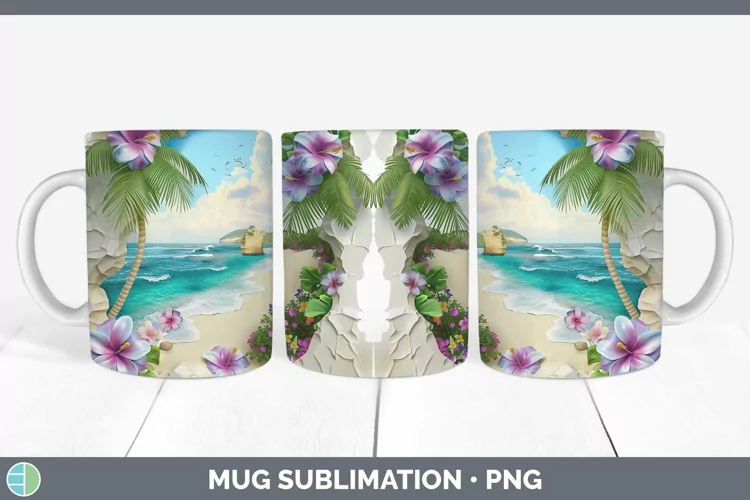 3D Hole in the Wall Beach Mug Wrap | Sublimation Coffee Cup