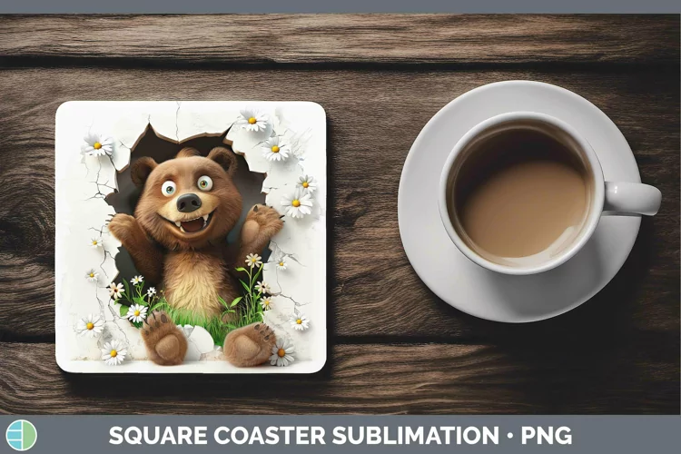 3D Hole in the Wall Bear Square Coaster Sublimation Coaster