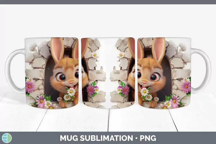 3D Hole in the Wall Bunny Mug Wrap Sublimation Coffee Cup De