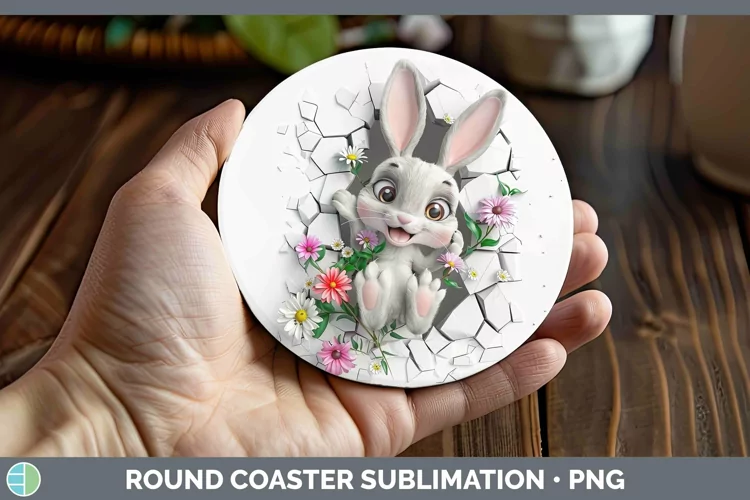 3D Hole in the Wall Bunny Round Coaster Sublimation Coaster