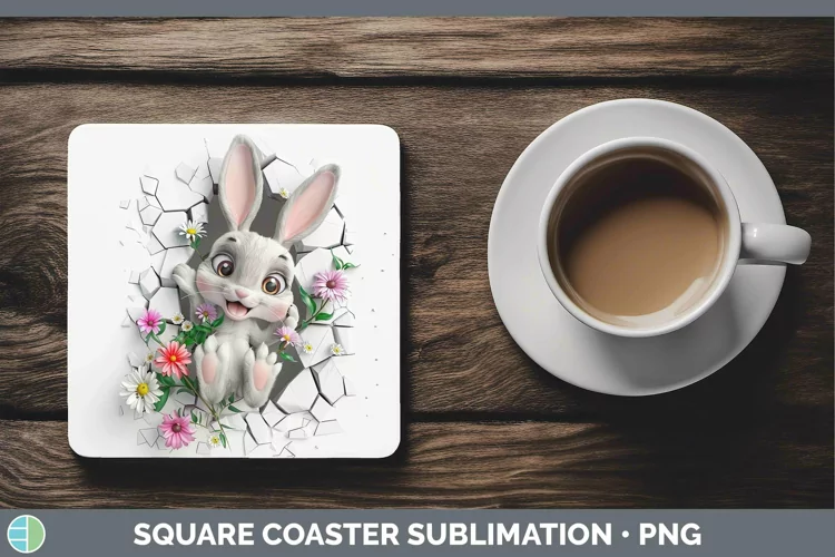 3D Hole in the Wall Bunny Square Coaster Sublimation Coaster