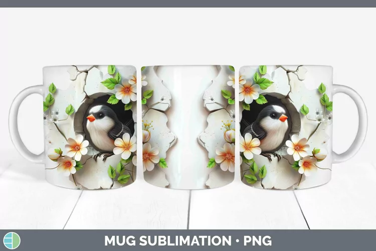 3D Hole in the Wall Chickadee Mug Wrap | Sublimation Coffee