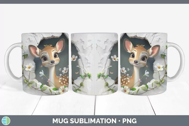 3D Hole in the Wall Deer Mug Wrap Sublimation Coffee Cup Des