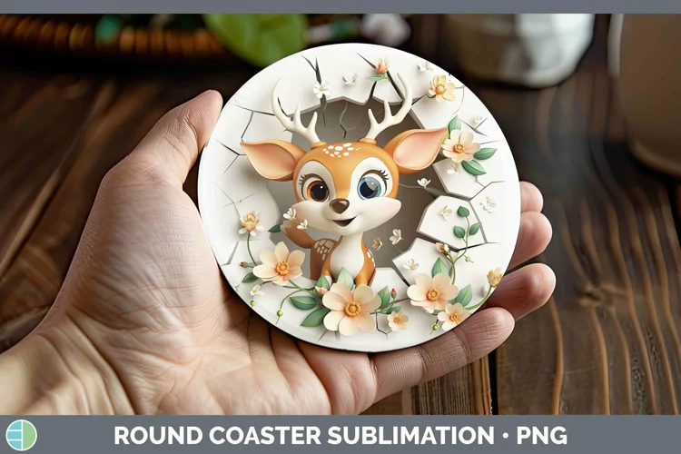 3D Hole in the Wall Deer Round Coaster Sublimation Coaster D