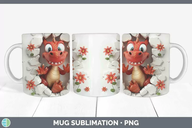 3D Hole in the Wall Dragon Mug Wrap Sublimation Coffee Cup D