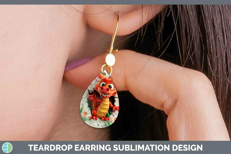 3D Hole in the Wall Dragon Teardrop Earrings Sublimation Ear