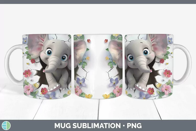 3D Hole in the Wall Elephant Mug Wrap Sublimation Coffee Cup