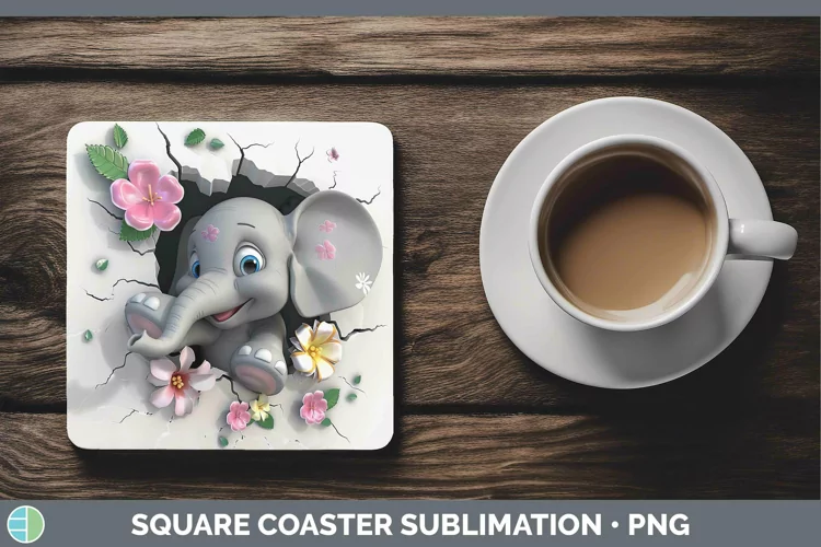 3D Hole in the Wall Elephant Square Coaster Sublimation Coas