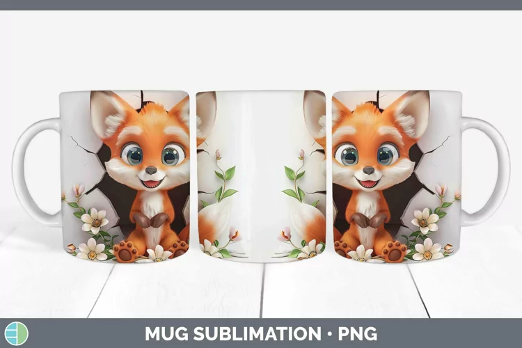 3D Hole in the Wall Fox Mug Wrap Sublimation Coffee Cup Desi