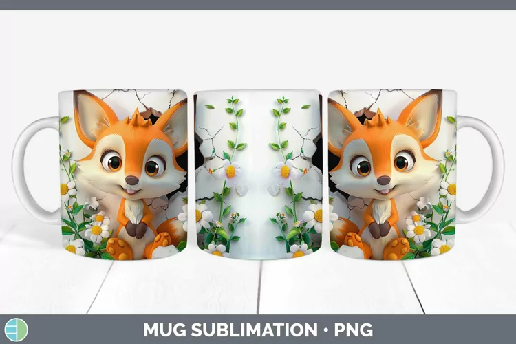 3D Hole in the Wall Fox Mug Wrap Sublimation Coffee Cup Desi