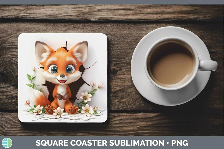 3D Hole in the Wall Fox Square Coaster Sublimation Coaster D
