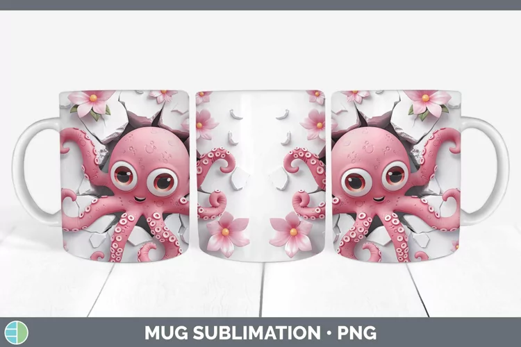 3D Hole in the Wall Octopus Mug Wrap Sublimation Coffee Cup