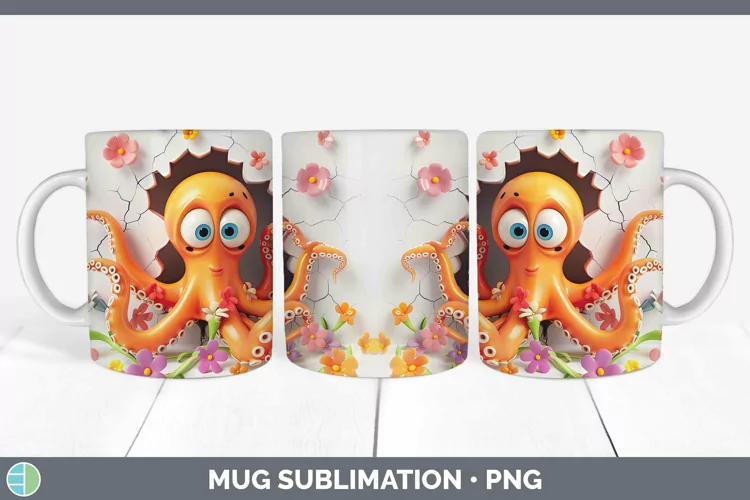 3D Hole in the Wall Octopus Mug Wrap Sublimation Coffee Cup