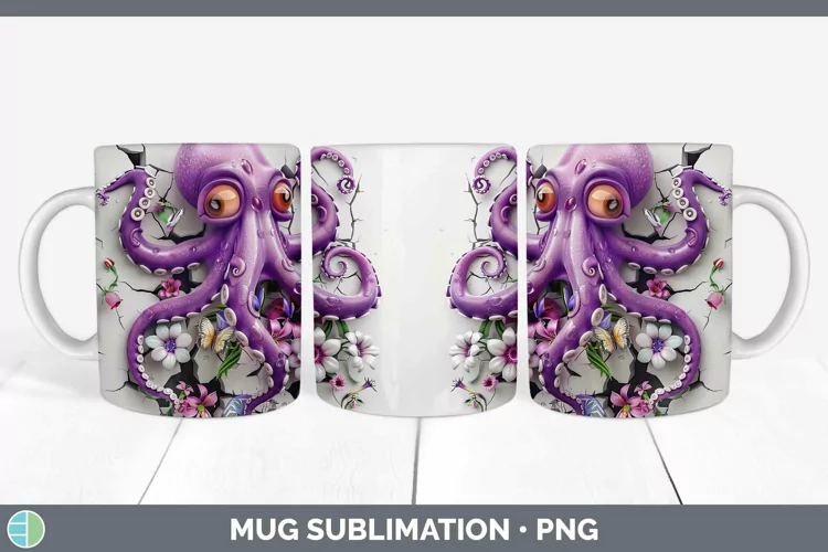 3D Hole in the Wall Octopus Mug Wrap Sublimation Coffee Cup