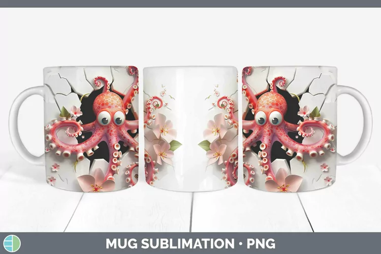 3D Hole in the Wall Octopus Mug Wrap Sublimation Coffee Cup