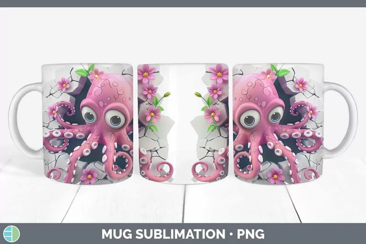 3D Hole in the Wall Octopus Mug Wrap Sublimation Coffee Cup