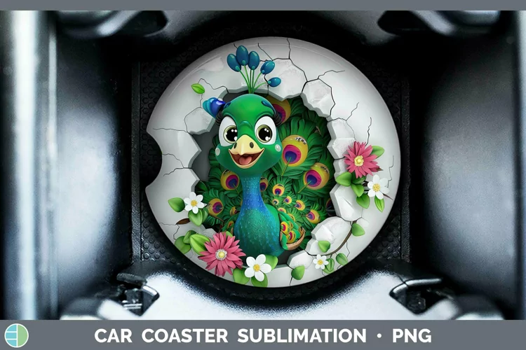 3D Hole in the Wall Peacock Car Coaster Sublimation Coaster
