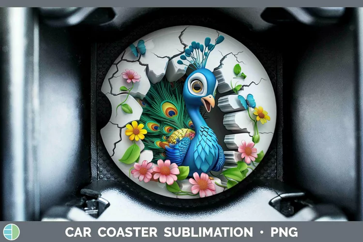 3D Hole in the Wall Peacock Car Coaster Sublimation Coaster
