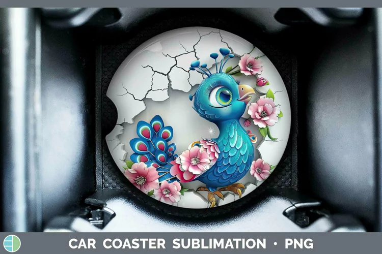 3D Hole in the Wall Peacock Car Coaster Sublimation Coaster