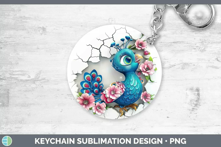 3D Hole in the Wall Peacock Keychain Sublimation Keyring Des