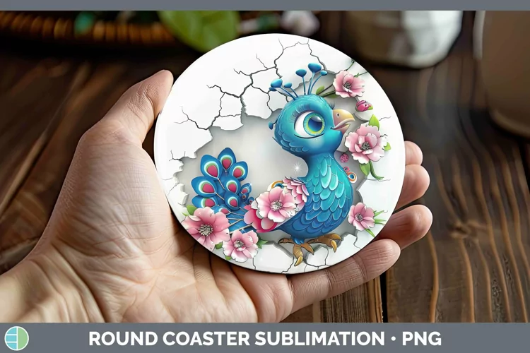 3D Hole in the Wall Peacock Round Coaster Sublimation Coaste