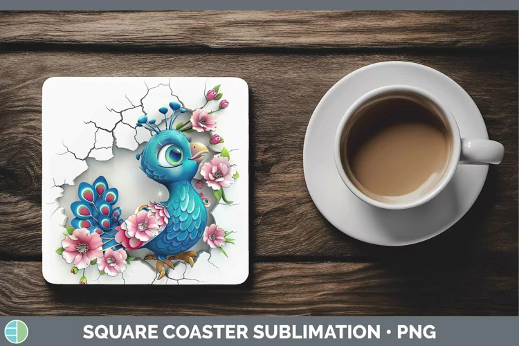3D Hole in the Wall Peacock Square Coaster Sublimation Coast