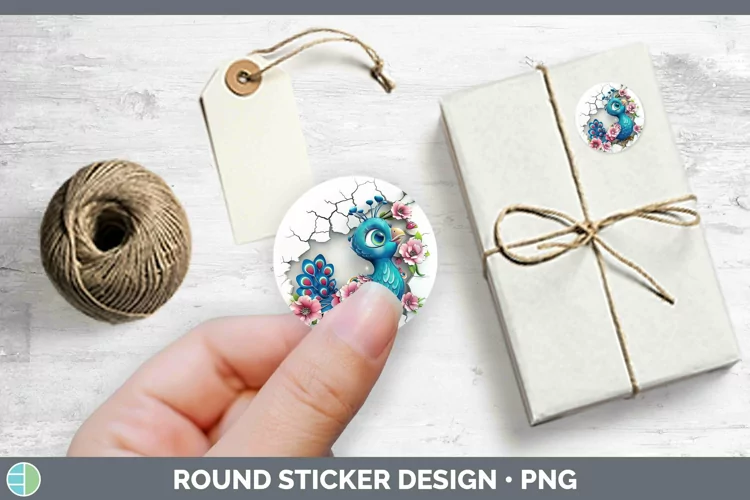 3D Hole in the Wall Peacock Stickers | Round Labels Designs