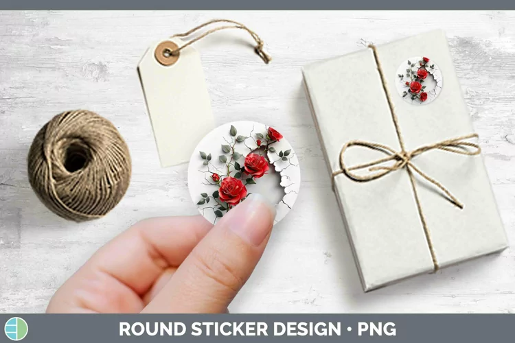 3D Hole in the Wall Rose Stickers | Round Labels Designs