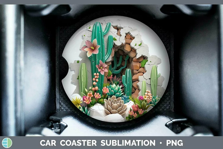 3D Hole in the Wall Succulents Car Coaster Sublimation Coast