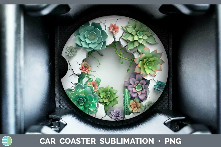 3D Hole in the Wall Succulents Car Coaster Sublimation Coast