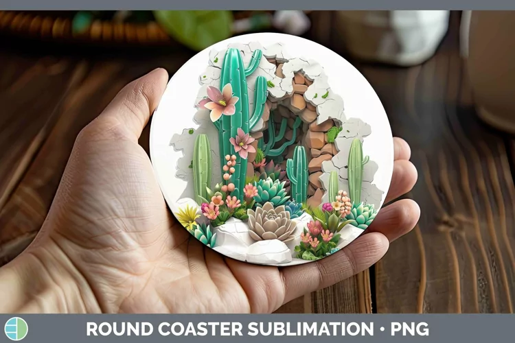 3D Hole in the Wall Succulents Round Coaster Sublimation Coa