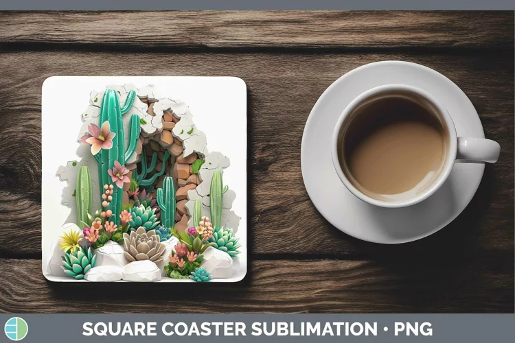 3D Hole in the Wall Succulents Square Coaster Sublimation Co
