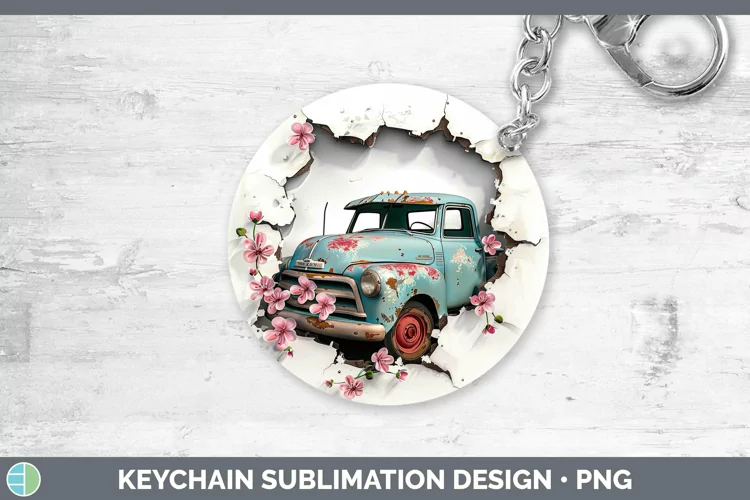 3D Hole in the Wall Vintage Truck Keychain Sublimation Keyri