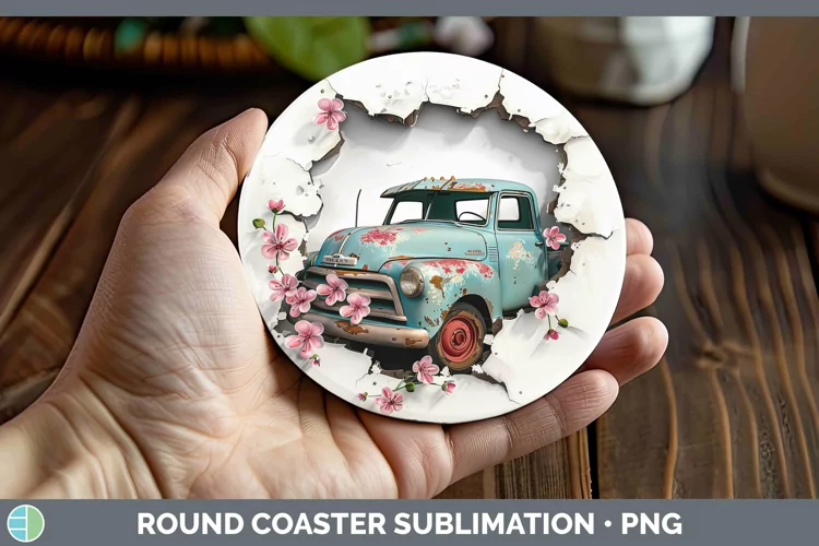 3D Hole in the Wall Vintage Truck Round Coaster Sublimation