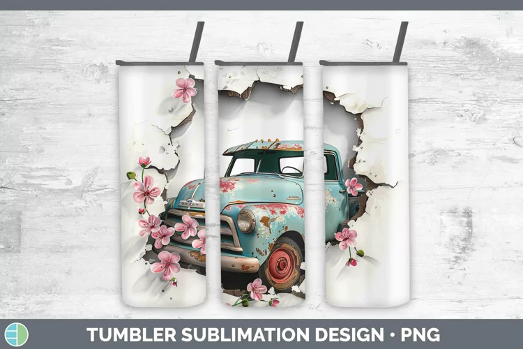 3D Hole in the Wall Vintage Truck Tumbler Sublimation 20 oz