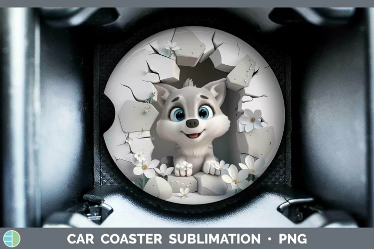 3D Hole in the Wall Wolf Car Coaster | Sublimation Coaster D