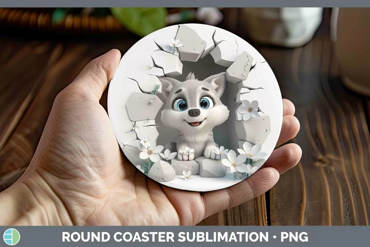 3D Hole in the Wall Wolf Round Coaster | Sublimation Coaster