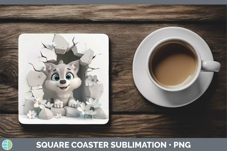 3D Hole in the Wall Wolf Square Coaster | Sublimation Coaste