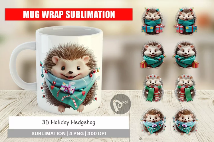 Mug Wrap Design 3D Holiday Hedgehog