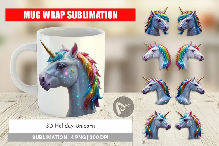 Mug Wrap Design 3D Holiday Unicorn