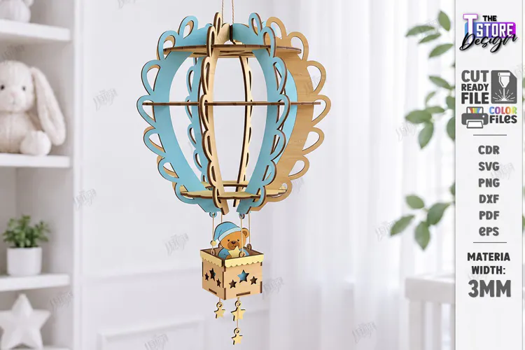 Wooden Hot Air Balloon Laser Cut | 3D Nursery Hanging Decor