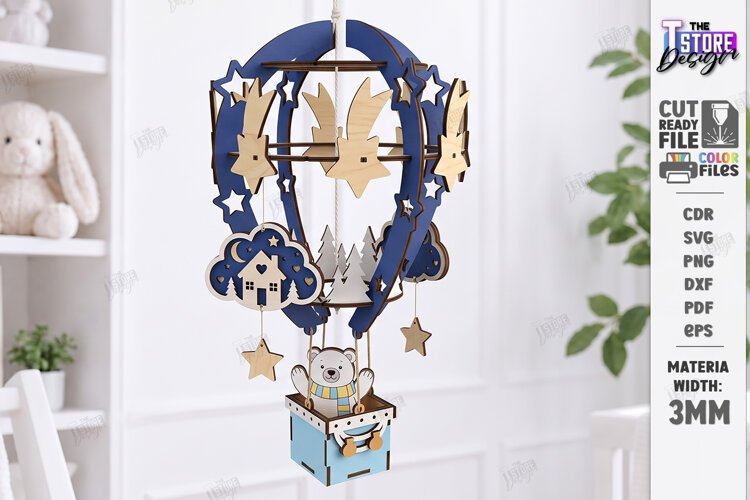 Wooden Hot Air Balloon Laser Cut | 3D Nursery Hanging Decor example image 1