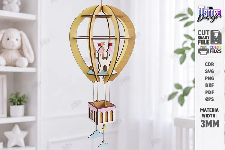 Wooden Hot Air Balloon Laser Cut | 3D Nursery Hanging Decor
