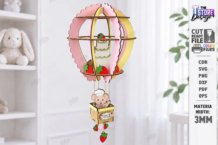 Wooden Hot Air Balloon Laser Cut | 3D Nursery Hanging Decor