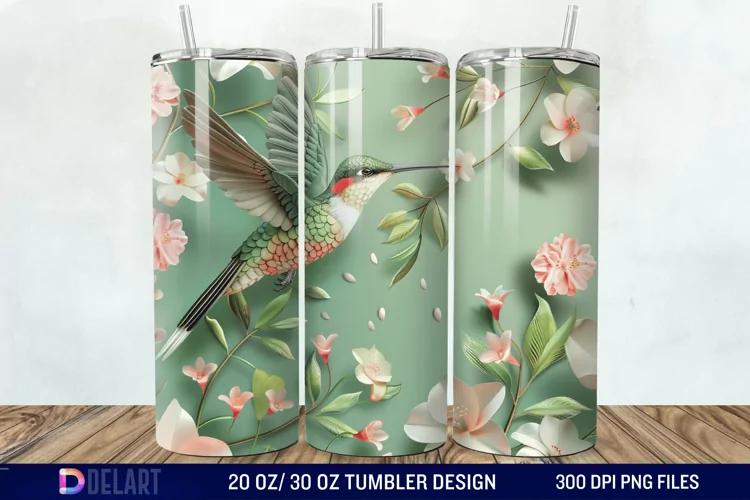 3D Hummingbird Pastel Flowers Tumbler Wrap