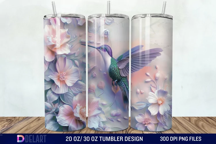 3D Hummingbird Pastel Flowers Tumbler Wrap
