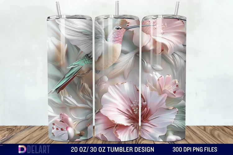 3D Hummingbird Pastel Flowers Tumbler Wrap