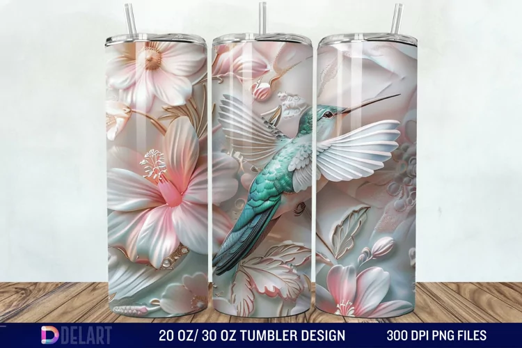 3D Hummingbird Pastel Flowers Tumbler Wrap