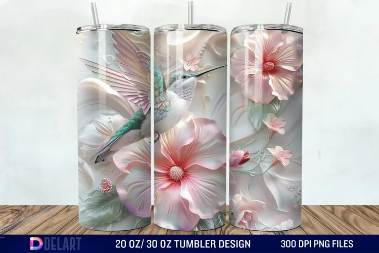 3D Hummingbird Pastel Flowers Tumbler Wrap